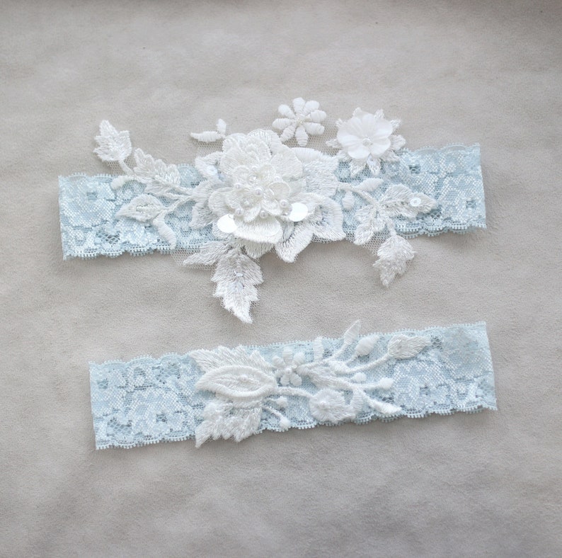 Something blue garter set, wedding garter set, lace garter set, lace wedding garter set image 1