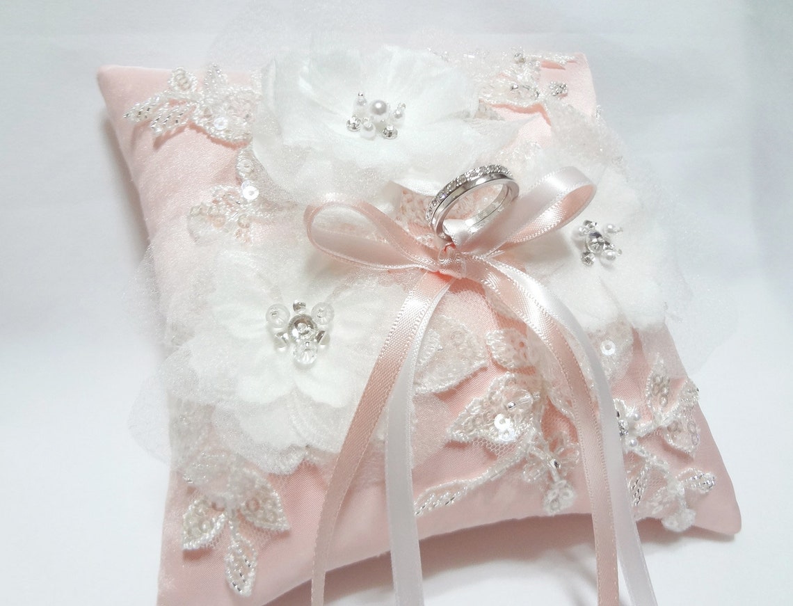 Wedding Ring Pillow Pink Satin Silk Ring Pillow Floral Ring Etsy