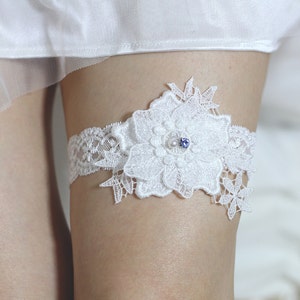 Floral garter, bridal garter, white garter, lace garter, wedding garter, floral garter, keepsake garter, blue crystal garter