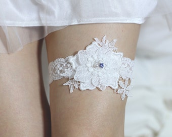 Floral Lace Wedding Garter: White Bridal Garter with Blue Crystal