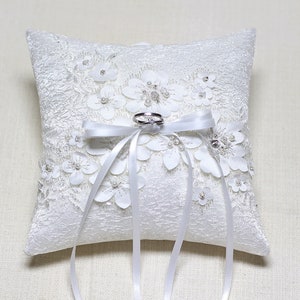 Satin Blossom Lace on Silver Lace Ring Pillow, Wedding Ring Bearer Pillow