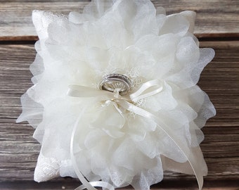 Organza flower ring pillow, wedding ring bearer pillow, lace ring pillow, ivory ring pillow, wedding ring cushion