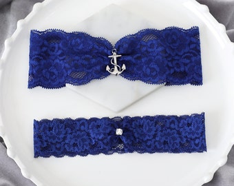 Anchor garter set, nautical garter set, beach wedding garter set, blue garter set, lace garters for wedding