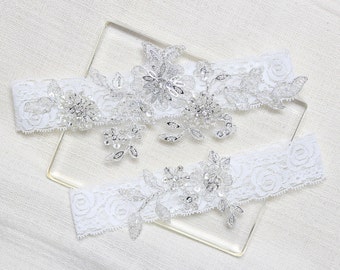 Silver lace garter set, wedding garter set, bride garter set, bridal garter set, lace garters, silver sequin garters