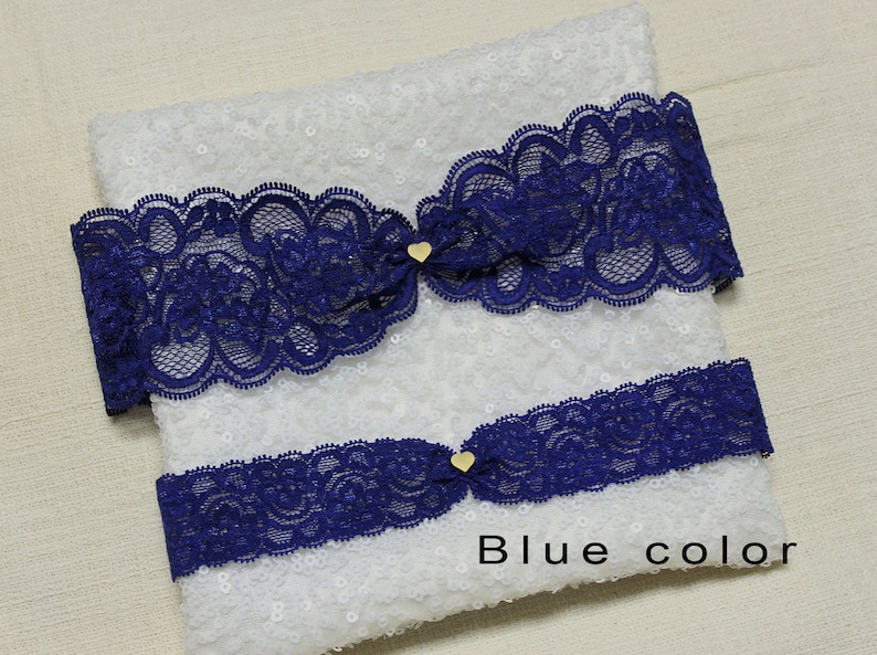 lace garter set gold tiny heart charm garter set wedding garter set bridal garter set Navy lace garter set