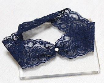 Navy Lace Bridal Garter: Gold Tiny Heart Charm Keepsake Garter
