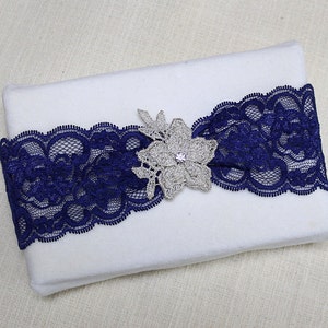 Blue silver lace garter, silver flower garter, wedding garter, lace garter, bridal garter, silver lace garter