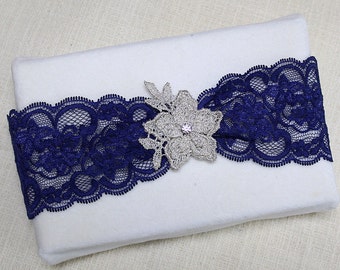 Blue silver lace garter, silver flower garter, wedding garter, lace garter, bridal garter, silver lace garter