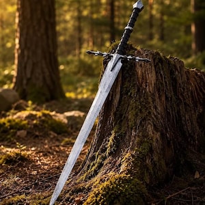 May include: A long, double-edged steel sword with a pointed tip, a silver crossguard featuring decorative spikes, and a black, textured grip. The sword is embedded into the top of a weathered, moss-covered tree stump in a forest setting.