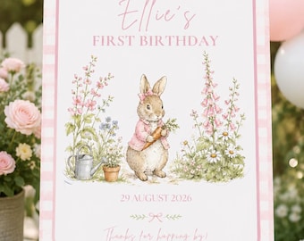 Peter Rabbit First Birthday Welcome Sign, Pink Bunny Girl Party (Digital Download)