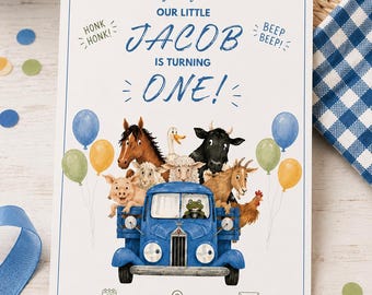 Little Blue Truck Editable Digital Invitation, First Birthday Invitation, Instant Download