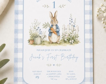 Peter Rabbit First Birthday Invitation, Blue Bunny Boy Party (Digital Download)
