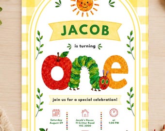 The Very Hungry Caterpillar Editable Digital Invitation, First Birthday Invitation, YELLOW, Instant Download