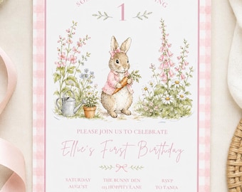Peter Rabbit First Birthday Invitation, Pink Bunny Girl Party (Digital Download)
