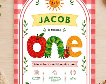 The Very Hungry Caterpillar Editable Digital Invitation, First Birthday Invitation, RED, Instant Download