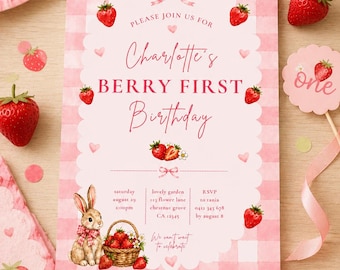 Berry First Birthday Invitation, Editable Template, Digital Download