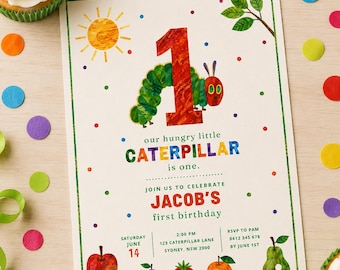 The Very Hungry Caterpillar Editable Digital Invitation, First Birthday Invitation, Instant Download