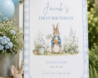 Peter Rabbit First Birthday Welcome Sign, Blue Bunny Boy Party (Digital Download)