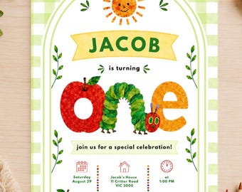 The Very Hungry Caterpillar Editable Digital Invitation, First Birthday Invitation, GREEN, Instant Download