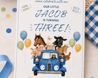 Little Blue Truck Editable Digital Invitation, Third Birthday Invitation, Instant Download