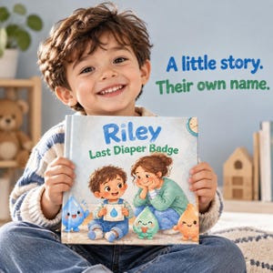 May include: A hardcover children's book titled Riley Last Diaper Badge with a watercolor illustration on the cover featuring a young child, an adult, and three small colorful water drop characters. The text A little story. Their own name. is visible.