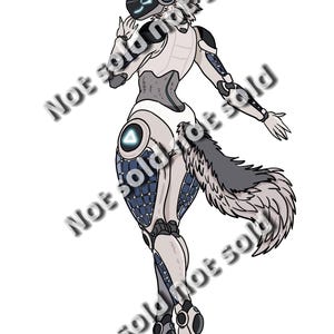 以下が含まれることがあります： ロボットのようなオオカミのキャラクターのデジタルイラスト。キャラクターは白とグレーの体、青のアクセント、ふわふわの尻尾、デジタルな顔をしています。「Not sold」の文字が画像に斜めに表示されています。