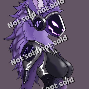 May include: A digital illustration of a purple anthropomorphic creature with fluffy fur, wearing a dark visor helmet with glowing purple accents and a circular side emblem featuring the letter N. The text Not sold is repeated across the image.
