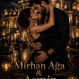 Pode incluir: Capa de livro com um casal a abraçar-se em frente a um grande edifício. O título "Mirhan Ağa & Asmin" é exibido em destaque, com texto adicional em turco. A imagem tem um tema romântico, com uma atmosfera escura e dramática.