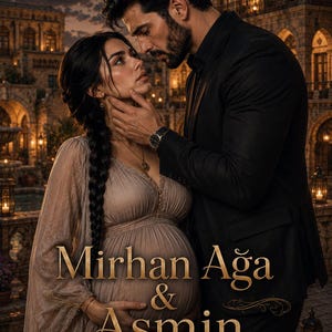 Puede incluir: Portada de libro con un hombre y una mujer embarazada frente a un castillo. El título "Mirhan Ağa & Asmin" en letras doradas, con texto turco. La mujer lleva un vestido largo, y el hombre un traje negro.