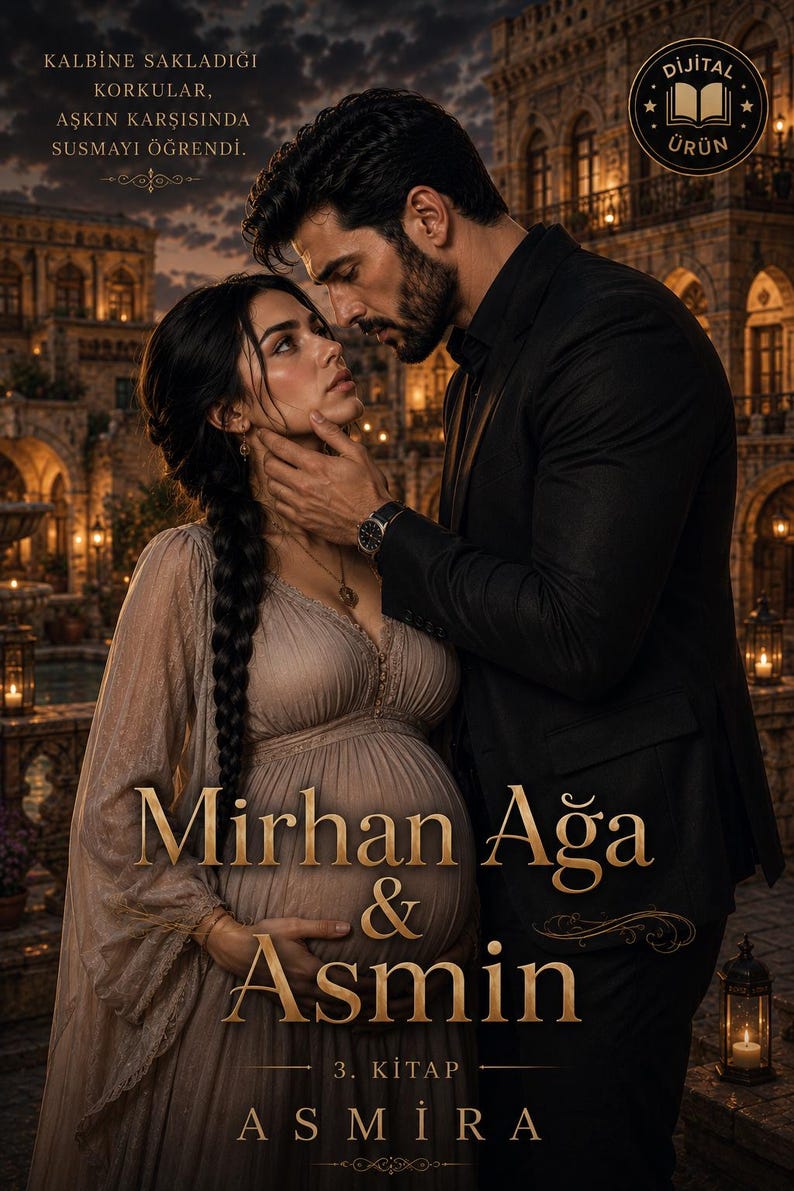 May include: Book cover featuring a man and a pregnant woman in front of a castle. The title reads "Mirhan Ağa & Asmin" with additional text in Turkish. The woman wears a long, flowing dress, and the man is in a black suit.