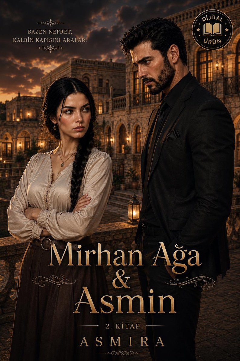 May include: Book cover featuring a man and woman in period attire, set against a backdrop of a grand building. The title "Mirhan Ağa & Asmin" is prominently displayed, with additional text in Turkish. The cover has a digital product seal.