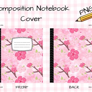 Può includere: Un design digitale per copertina di quaderno con sfondo a chevron rosa, rami marroni e fiori di ciliegio rosa. La copertina anteriore include un'etichetta rettangolare bianca con righe per il testo. Il testo recita Composition Notebook Cover e PNG.