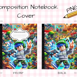 Op de afbeelding: Twee schriftenkaften met een digitale illustratie van een personage met blauw haar, een groene pet en een grijze hoodie die een gamecontroller vasthoudt. De voorkant bevat een wit label met de tekst COMPOSITION BOOK.