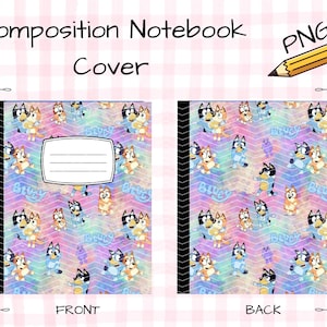 May include: A digital composition notebook cover design featuring a repeating pattern of Bluey characters on a pastel chevron background. The front view includes a white rectangular label with lines for writing, while the back view shows the pattern.