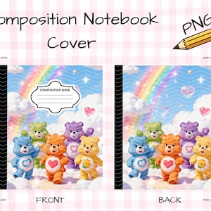 Peut inclure: Un design de couverture de cahier de composition numérique représentant un ciel bleu avec un arc-en-ciel, des nuages, des étoiles et quatre ours colorés. La vue avant inclut une étiquette blanche avec le texte Composition Book.