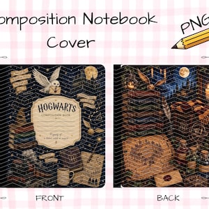 Puede incluir: Un diseño de portada de cuaderno de composición digital con fondo azul oscuro estrellado, una lechuza blanca, una snitch dorada y una etiqueta central que dice Hogwarts Composition Book. El reverso muestra libros apilados, un mapa y frascos.