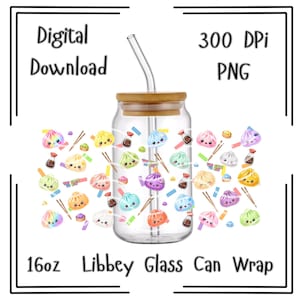 May include: A clear 16oz Libbey glass can with a bamboo lid and a glass straw, featuring a repeating pattern of colorful, smiling dumpling characters, soy sauce bottles, and chopsticks, with the text Digital Download, 300 DPi PNG, and 16oz Libbey Glass Can Wrap.