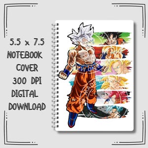 Könnte beinhalten: Ein spiralgebundenes Notizbuch-Cover mit einer großen Illustration einer Figur mit silbernem Haar und orangefarbener Hose sowie fünf kleineren horizontalen Feldern, die die Figur in verschiedenen Formen zeigen. Der Text lautet 5.5 x 7.5 NOTEBOOK COVER 300 DPI DIGITAL DOWNLOAD.