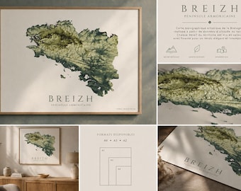 Affiche Carte de Bretagne Relief Ombré, Poster Topographie Minimaliste Breizh, Décoration Style Scandinave, Cadeau Voyage Voyageur