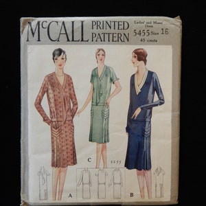 Bust 34&quot;, McCall 5455, dated 1928, uncut, original, printed, drop waist dress, V neck, cuffed short or long sleeves, chevron pocket detail