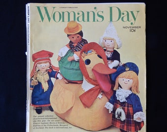 Dolls and duck, November 1962 Woman's Day, scale pattern, directions, duck, ethnic costumed dolls, Scotland, Netherlands, Lapland, Bolivia