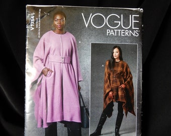 Size L, XL, XXL, 16 - 26, Vogue 1754, easy unlined capes, 2 lengths, round or straight hem, belted, hook and eye closure, front pockets