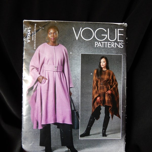 Size L, XL, XXL, 16 - 26, Vogue 1754, easy unlined capes, 2 lengths, round or straight hem, belted, hook and eye closure, front pockets