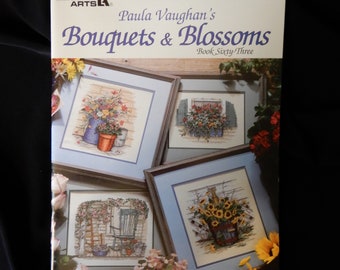 Paula Vaughan's Bouquets & Blossoms, book 63, 13 flower designs, Leisure Arts 2942, 55 pages, full color charts, DMC and Anchor lists, 1997