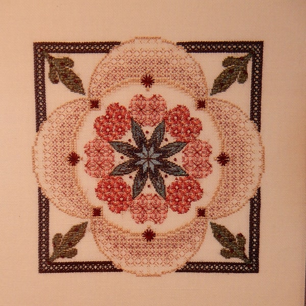 Summer Breeze, Sue Lentz needlework pattern, 1993, approx 7" sq, for 27 count linen, list of Kreinik threads, 5 pages + loose master graph