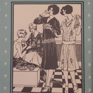 May include: Illustration of women in 1920s tea frocks, enjoying tea. The image is in black and white, with the text "FOLKWEAR" at the top and "1927 TEA FROCK" at the bottom. The background is a light blue with small white floral patterns.