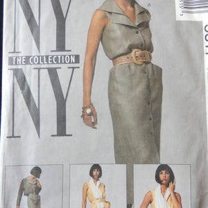May include: McCall's NY The Collection sewing pattern. The pattern features a sleeveless dress with a collared neckline and button-down front. The dress is cinched at the waist with a woven belt. Additional images show variations of the dress.