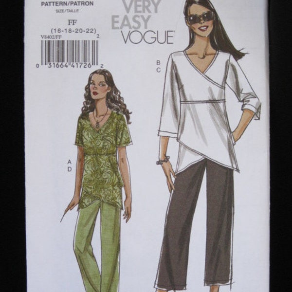 Size 16 to 22, Vogue 8402 Very Easy tunic, elastic waist pants in two lengths, V neck tunic with criss cross front, choice sleeve lengths