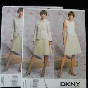 May include: Three DKNY Vogue American Designer pattern envelopes. The patterns feature a woman in a skirt suit and a skirt and tank top. The envelopes are white with the pattern number V2791 and the DKNY logo.