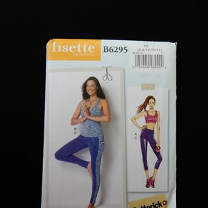 Size 6 to 14, Butterick 6295, Lisette design, pullover bra top and top plus leggings with great seam detail, for 2 way stretch fabrics, 2015